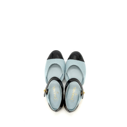 Chanel 21k Size 38 Ballerinas Flat Shoes Tweed/Patent Calfskin Light Blue/ Black