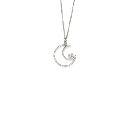 Chanel 17K Moon with CC Logo Necklace Crystal Silver Tone