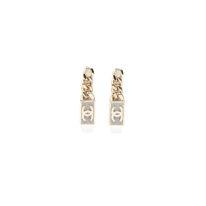 Chanel CC Logo Drop Earrings Crystal Gold Tone