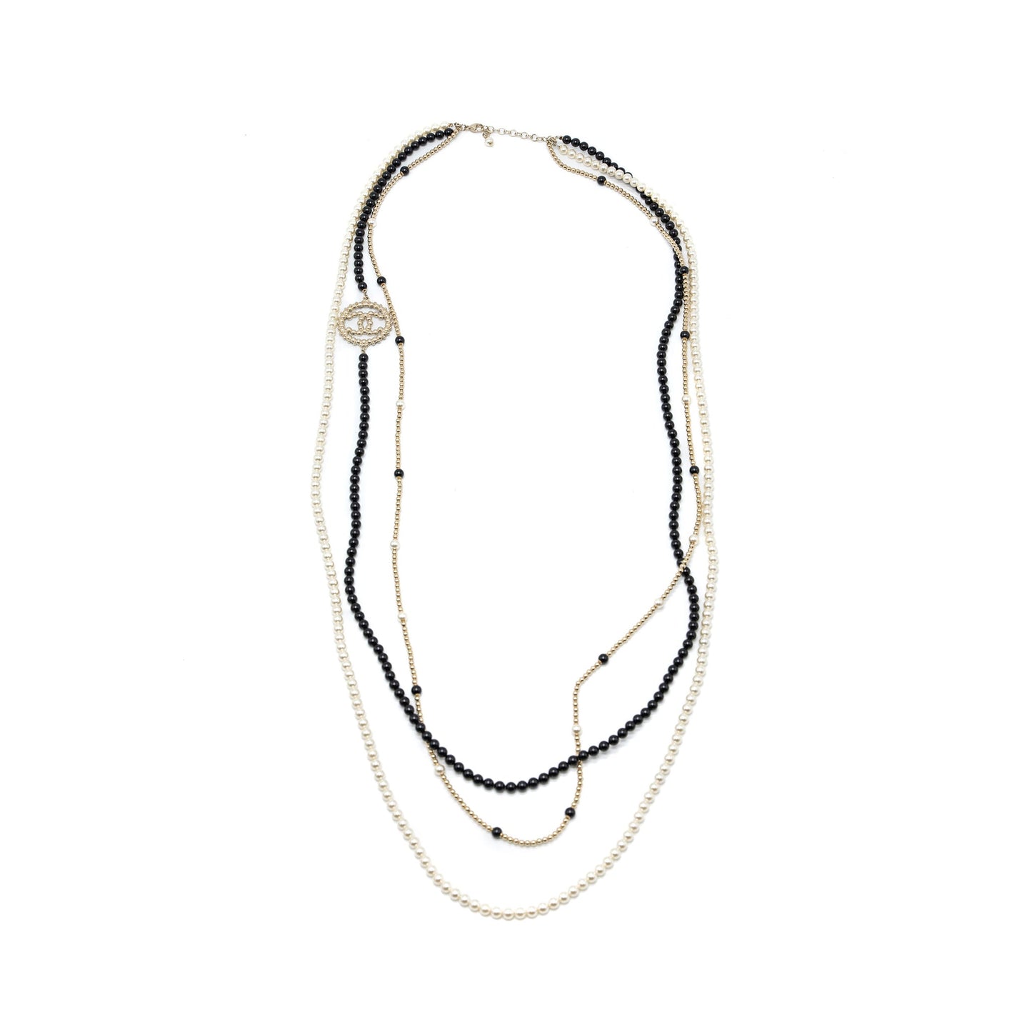 Chanel Round CC Logo Long Necklace with Pearl/Glass Pearl Light Gold Tone