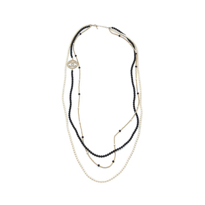 Chanel Round CC Logo Long Necklace with Pearl/Glass Pearl Light Gold Tone