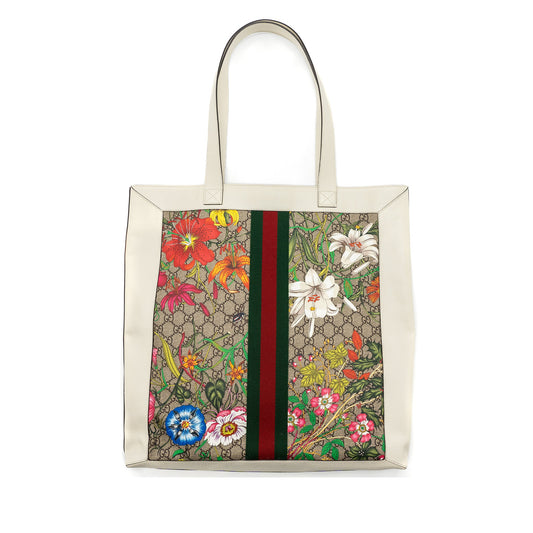 GUCCI OPHIDIA GG LEATHER TRIMMED Flora PRINTED COATED CANVAS TOTE Mulitcolour