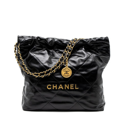 Chanel Small 22 Bag Gold Letter Shiny Calfskin Black Brushed  (Microchip)