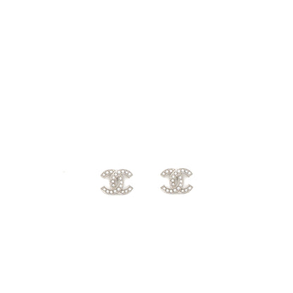 Chanel CC Logo Earrings Crystal Silver Tone