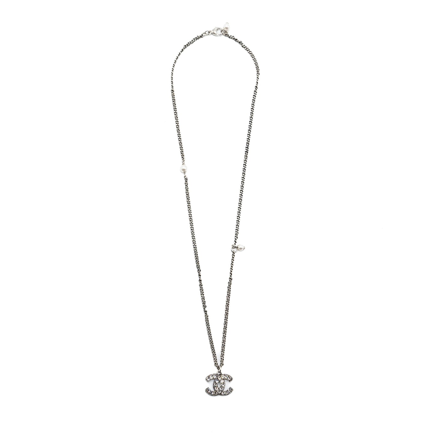 Chanel CC Logo Necklace Crystal/ Pearl Ruthenium Hardware