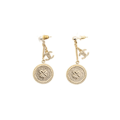 Chanel Round CC Logo Drop Earrings Gold Tone