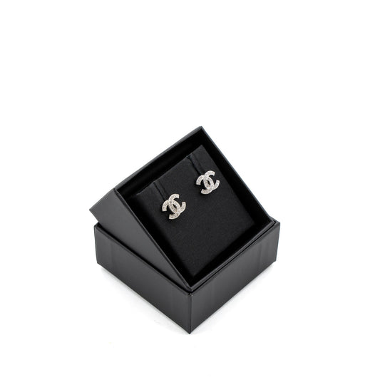 Chanel CC Logo Earrings Crystal Silver Tone