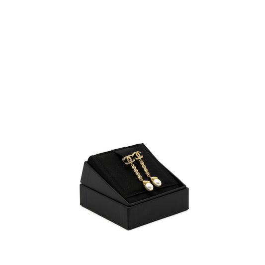 Channel CC Logo Pearl Drop Earrings Crystal Gold Tone