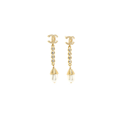 Channel CC Logo Pearl Drop Earrings Crystal Gold Tone