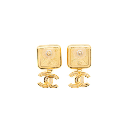 Chanel Square CC Logo Drop Earrings Gold Tone
