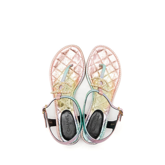 Chanel Size 38 Detailed CC Logo Leather Iridescent Multicolour Sandals