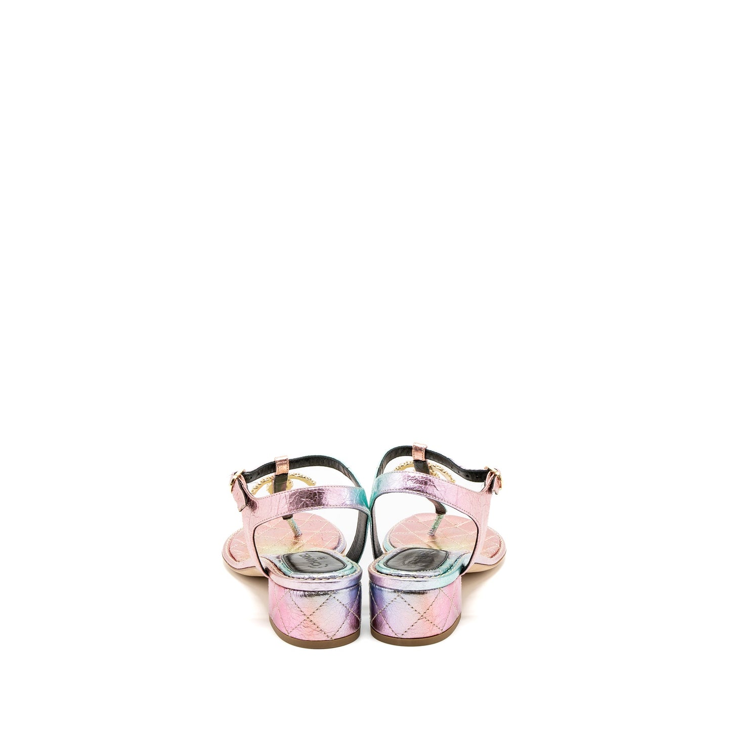 Chanel Size 38 Detailed CC Logo Leather Iridescent Multicolour Sandals