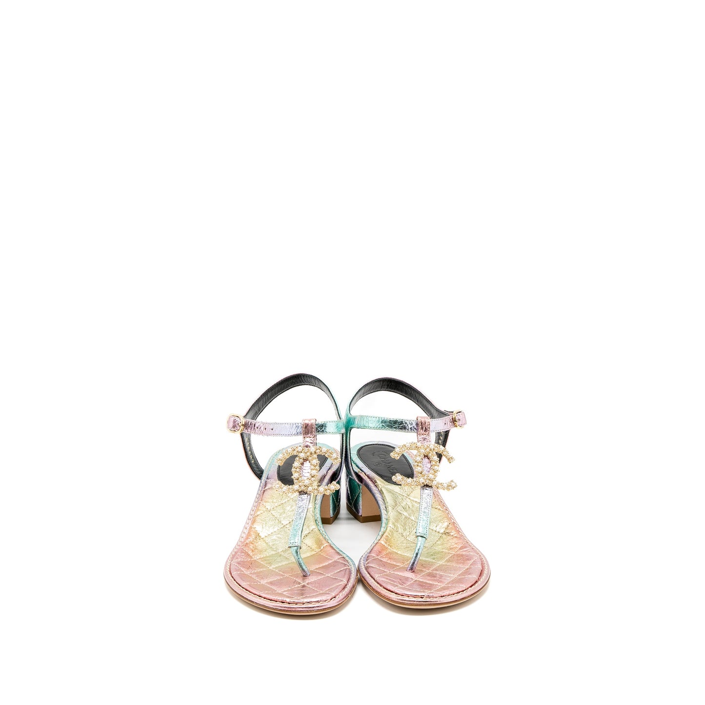 Chanel Size 38 Detailed CC Logo Leather Iridescent Multicolour Sandals