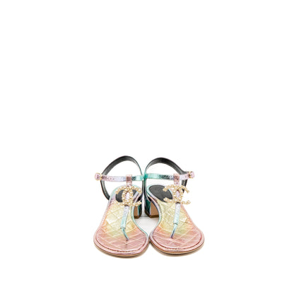 Chanel Size 38 Detailed CC Logo Leather Iridescent Multicolour Sandals