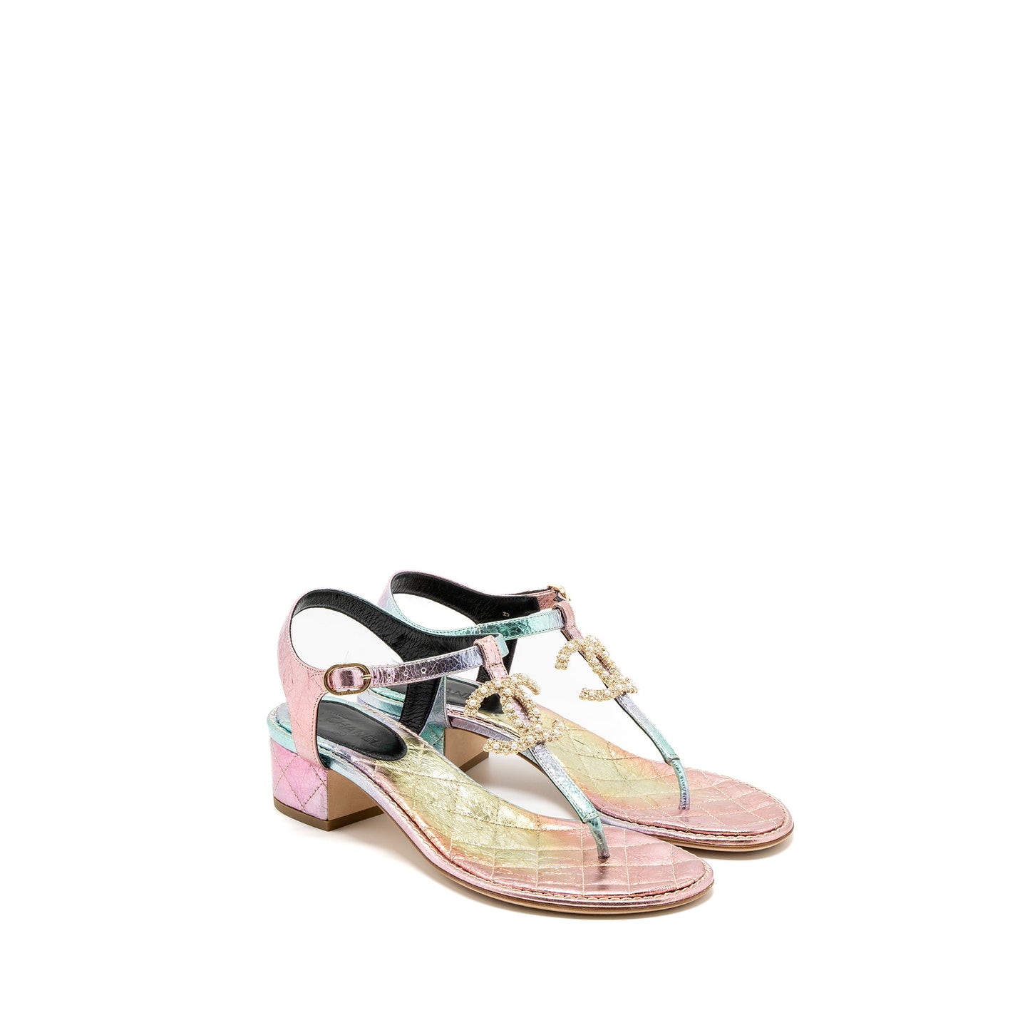 Chanel Size 38 Detailed CC Logo Leather Iridescent Multicolour Sandals
