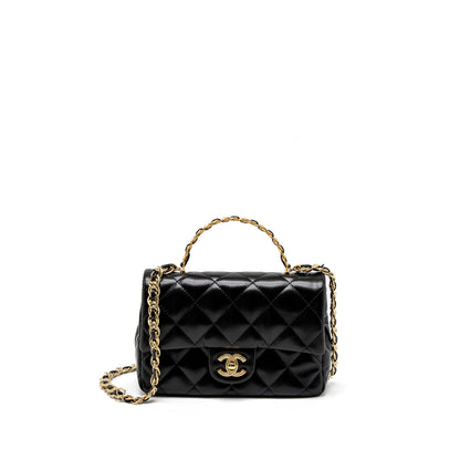 Chanel 23S Detail Top Handle Mini Rectangular Flap Bag Shiny Lambskin Black  (Microchip)