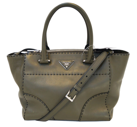 PRADA City Calf Leather Medium Topstitched Twin-Pocket Tote Bag