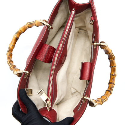 Gucci Crossbody Tote Bag Bamboo Handle Calfskin Red L