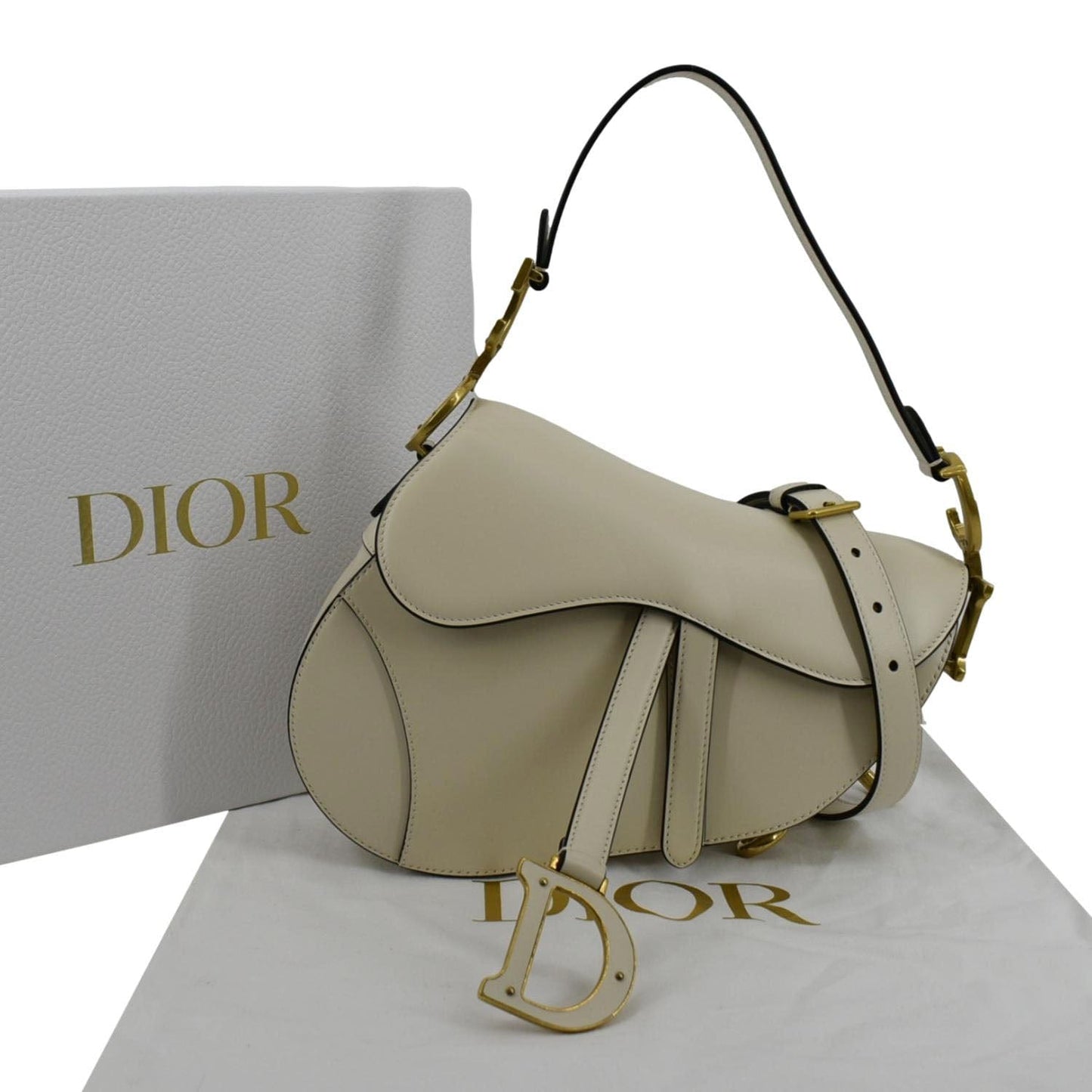 CHRISTIAN DIOR Saddle Smooth Calfskin Leather Satchel Shoulder Bag Dusty Ivory
