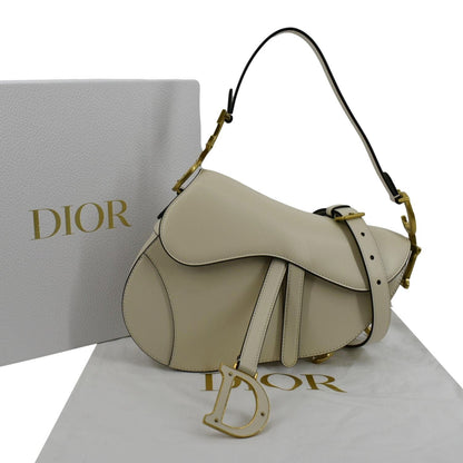CHRISTIAN DIOR Saddle Smooth Calfskin Leather Satchel Shoulder Bag Dusty Ivory