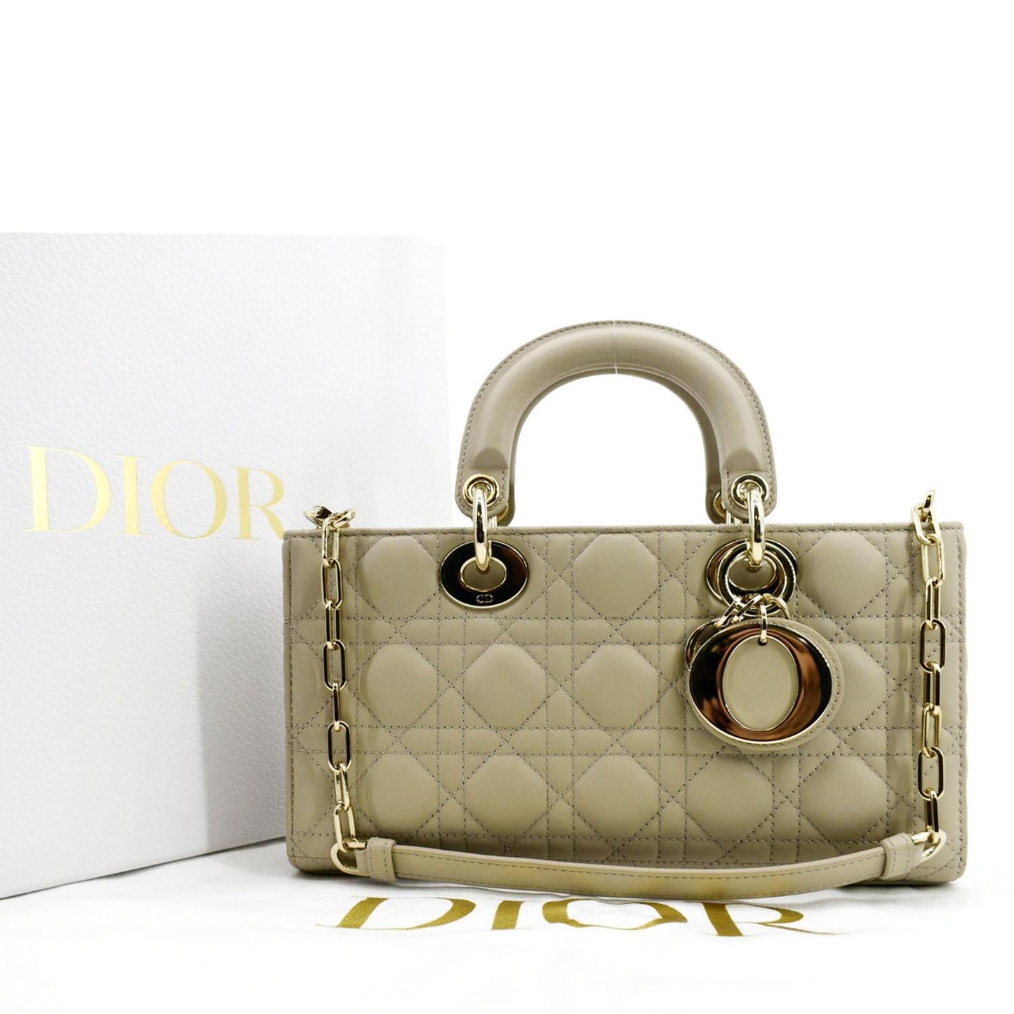 CHRISTIAN DIOR Lady D-Joy Medium Cannage Lambskin Chain Shoulder Bag Sand