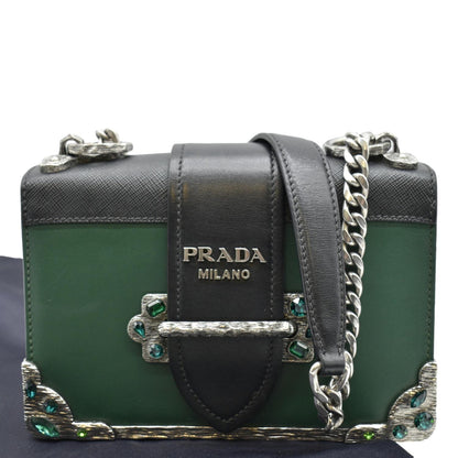 PRADA Cahier Swarovski Crystals Leather Shoulder Bag Green