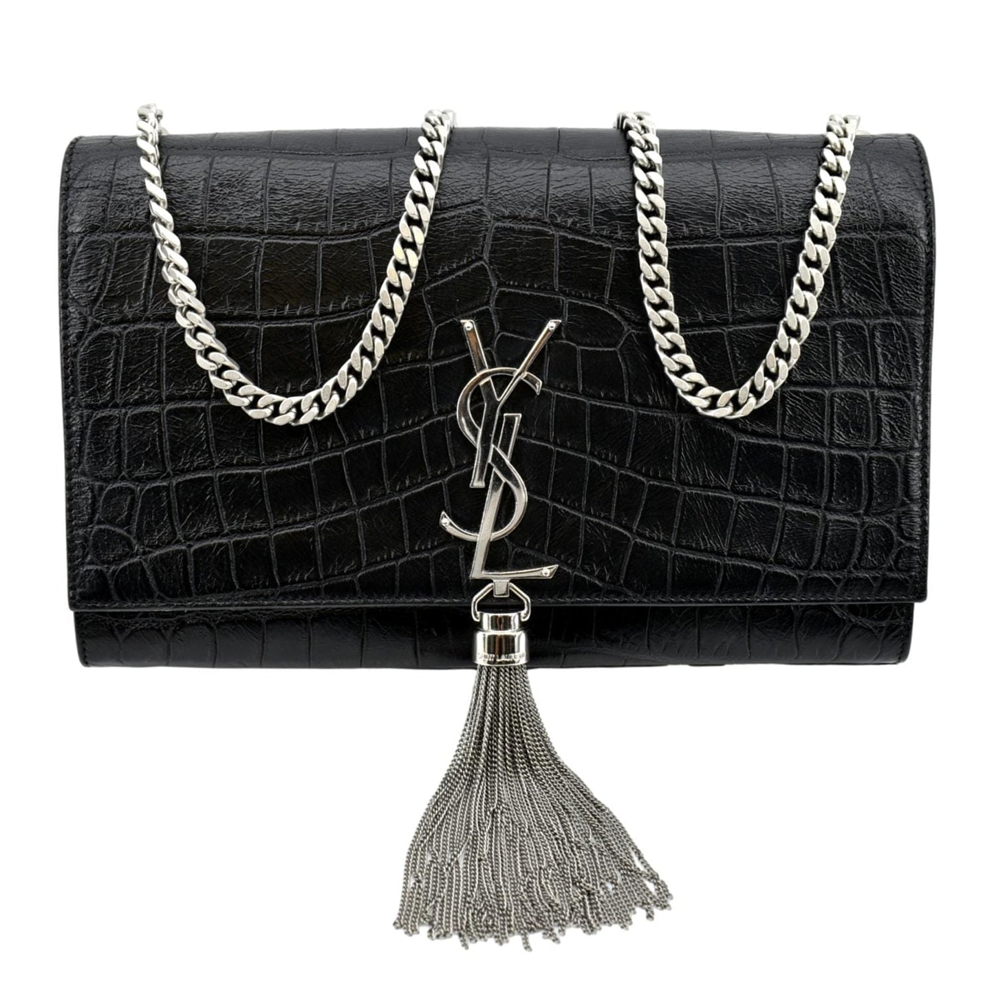 YVES SAINT LAURENT Kate Crocodile Embossed Leather Shoulder Bag Black