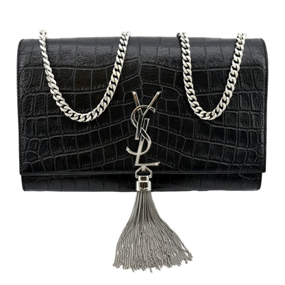 YVES SAINT LAURENT Kate Crocodile Embossed Leather Shoulder Bag Black