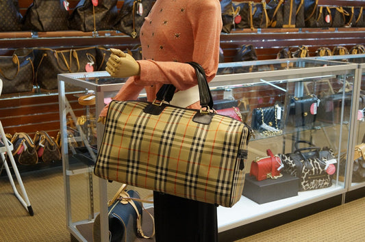 Burberry Nova Check Canvas Leather Black Beige Travel Bag