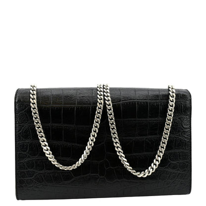 YVES SAINT LAURENT Kate Crocodile Embossed Leather Shoulder Bag Black