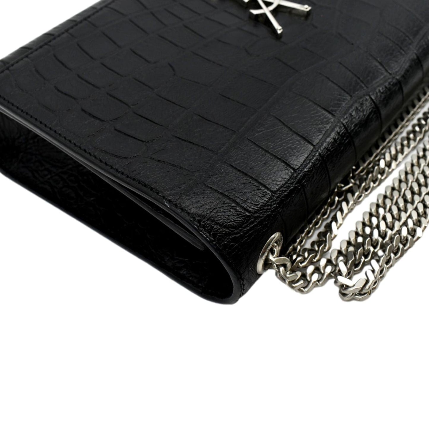 YVES SAINT LAURENT Kate Crocodile Embossed Leather Shoulder Bag Black