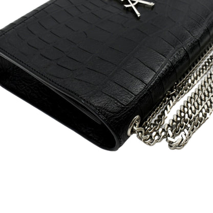 YVES SAINT LAURENT Kate Crocodile Embossed Leather Shoulder Bag Black