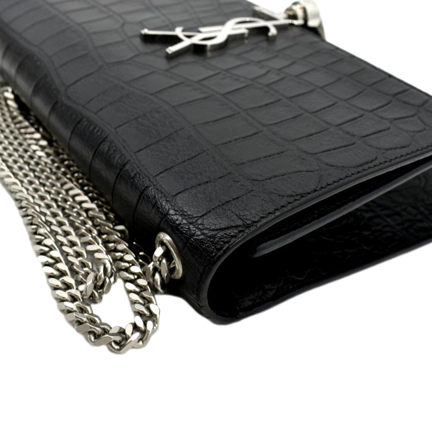 YVES SAINT LAURENT Kate Crocodile Embossed Leather Shoulder Bag Black