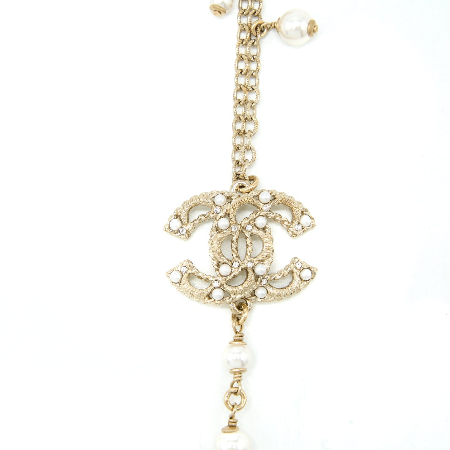 Chanel Mini Pearl CC Logo Long Necklace Light Gold Tone