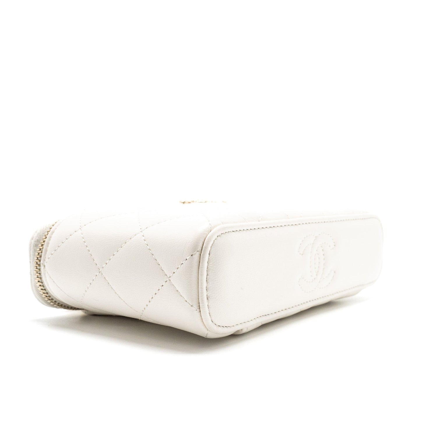 Chanel 23k Camellia Top Handle Long Vanity Case With Chain Calfskin White L (Microchip)