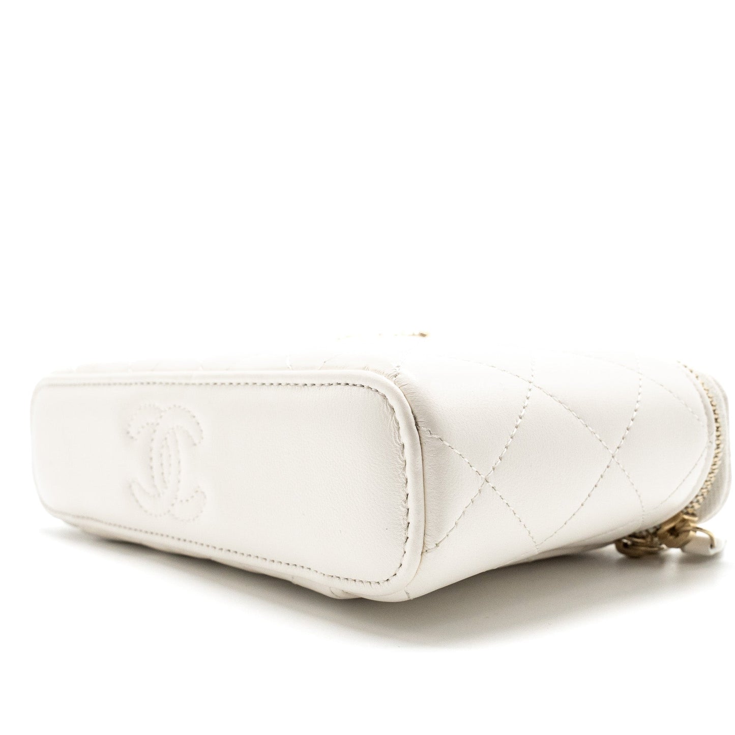 Chanel 23k Camellia Top Handle Long Vanity Case With Chain Calfskin White L (Microchip)