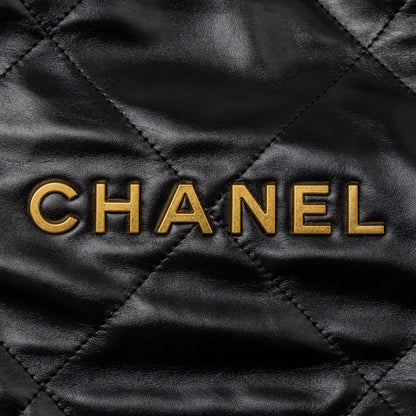 Chanel Small 22 Bag Gold Letter Shiny Calfskin Black Brushed  (Microchip)