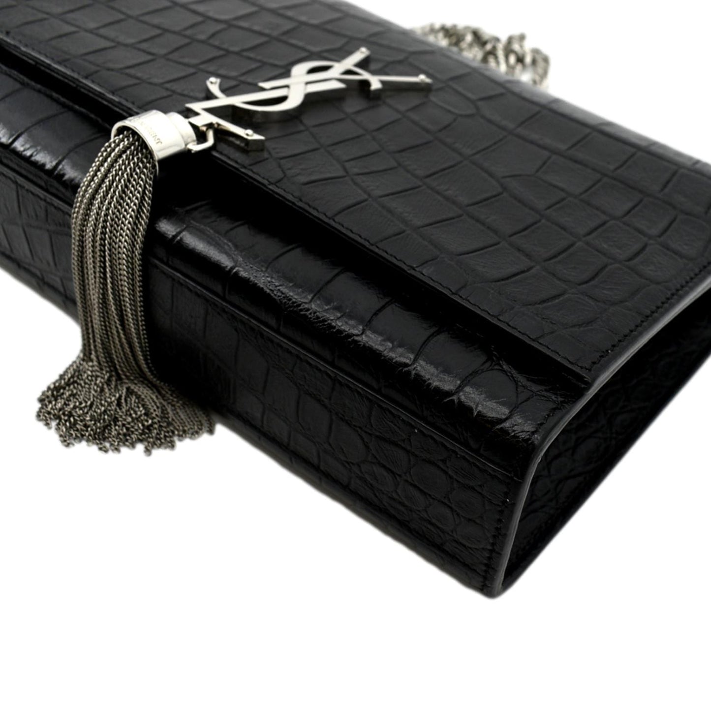 YVES SAINT LAURENT Kate Crocodile Embossed Leather Shoulder Bag Black