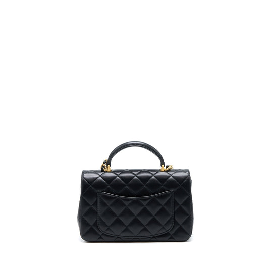 Chanel 21K Top Handle Mini Rectangular Flap Bag Lambskin Black Brushed (Microchip)