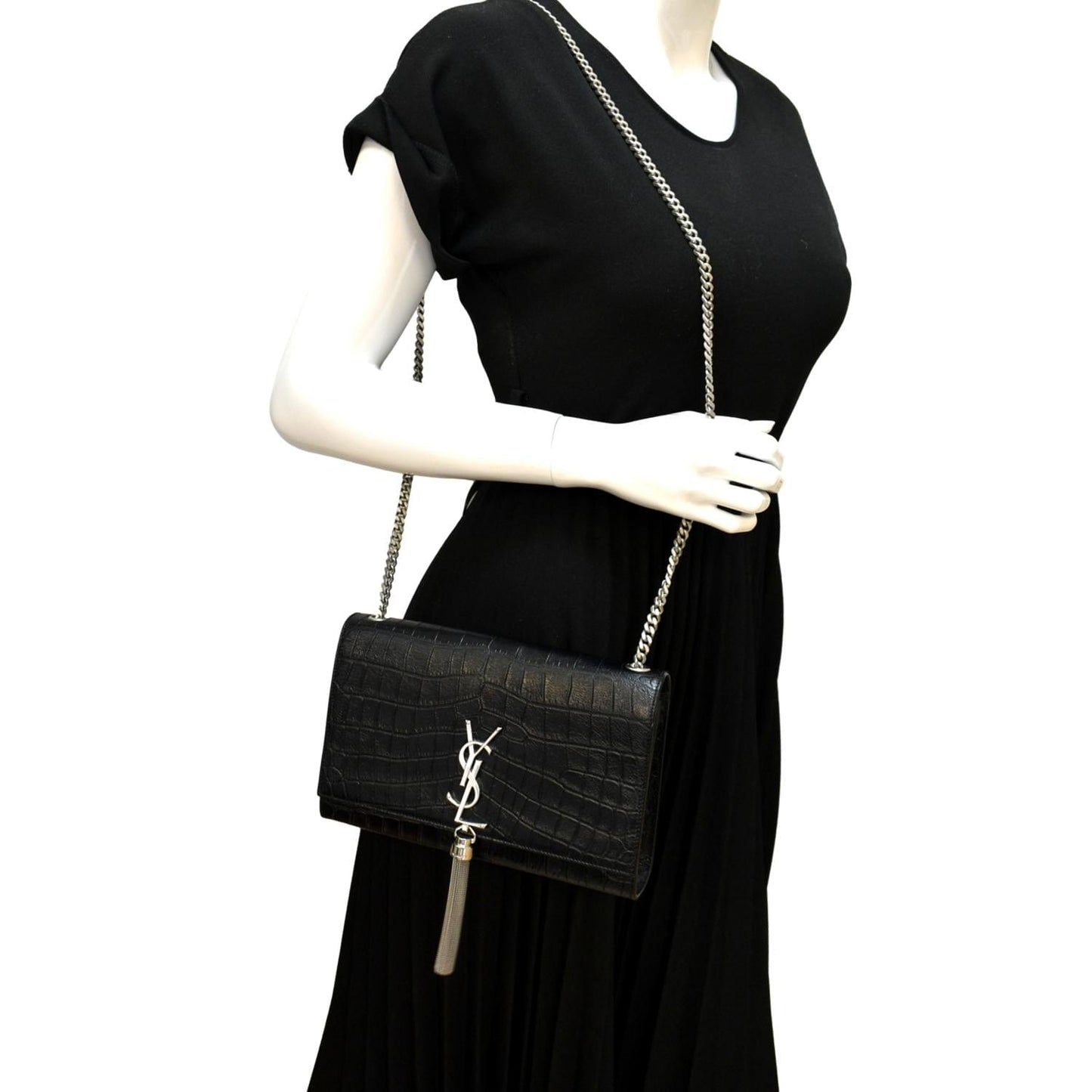 YVES SAINT LAURENT Kate Crocodile Embossed Leather Shoulder Bag Black