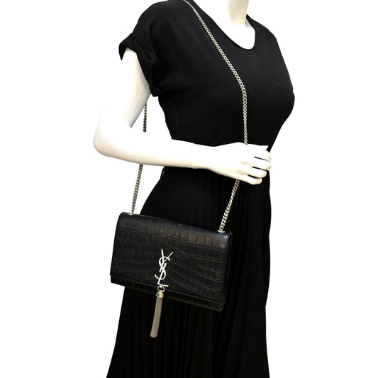 YVES SAINT LAURENT Kate Crocodile Embossed Leather Shoulder Bag Black
