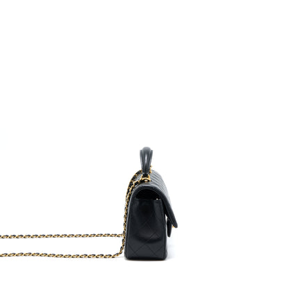 Chanel 21K Top Handle Mini Rectangular Flap Bag Lambskin Black Brushed (Microchip)