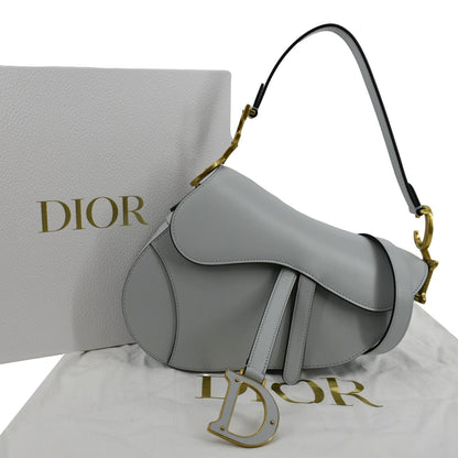 CHRISTIAN DIOR Saddle Smooth Calfskin Leather Satchel Shoulder Bag Placid Blue