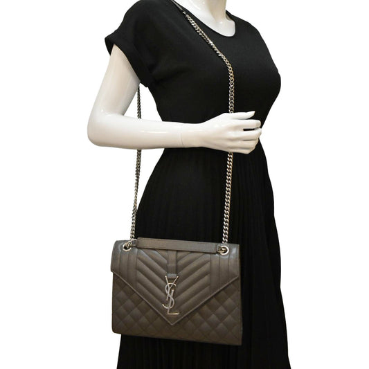 YVES SAINT LAURENT Envelope Chain Medium Mix Matelassé Leather Crossbody Bag Grey