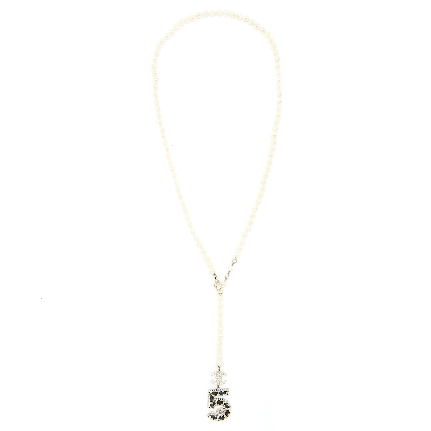 Chanel Size 85 No.5 Pearl Belt Leather/Pearl/Crystal Light Gold Tone