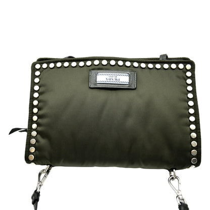 PRADA Tessuto Studded Etiquette Nylon Shoulder Bag Olive Green