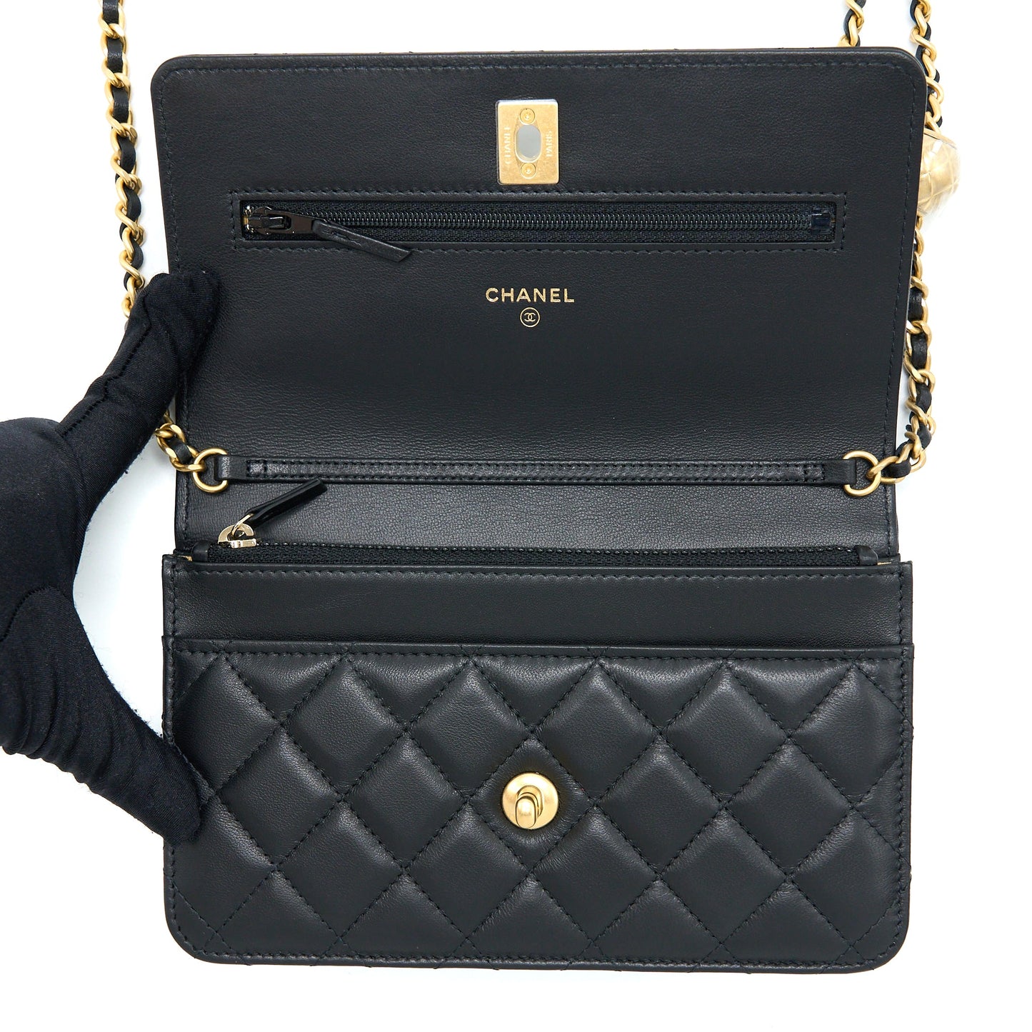 Chanel Pearl Crush Wallet On Chain Lambskin Black Brushed  (Microchip)