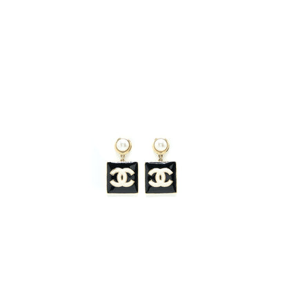 Chanel Pearl CC Square Drop Earrings Black Light Gold Tone
