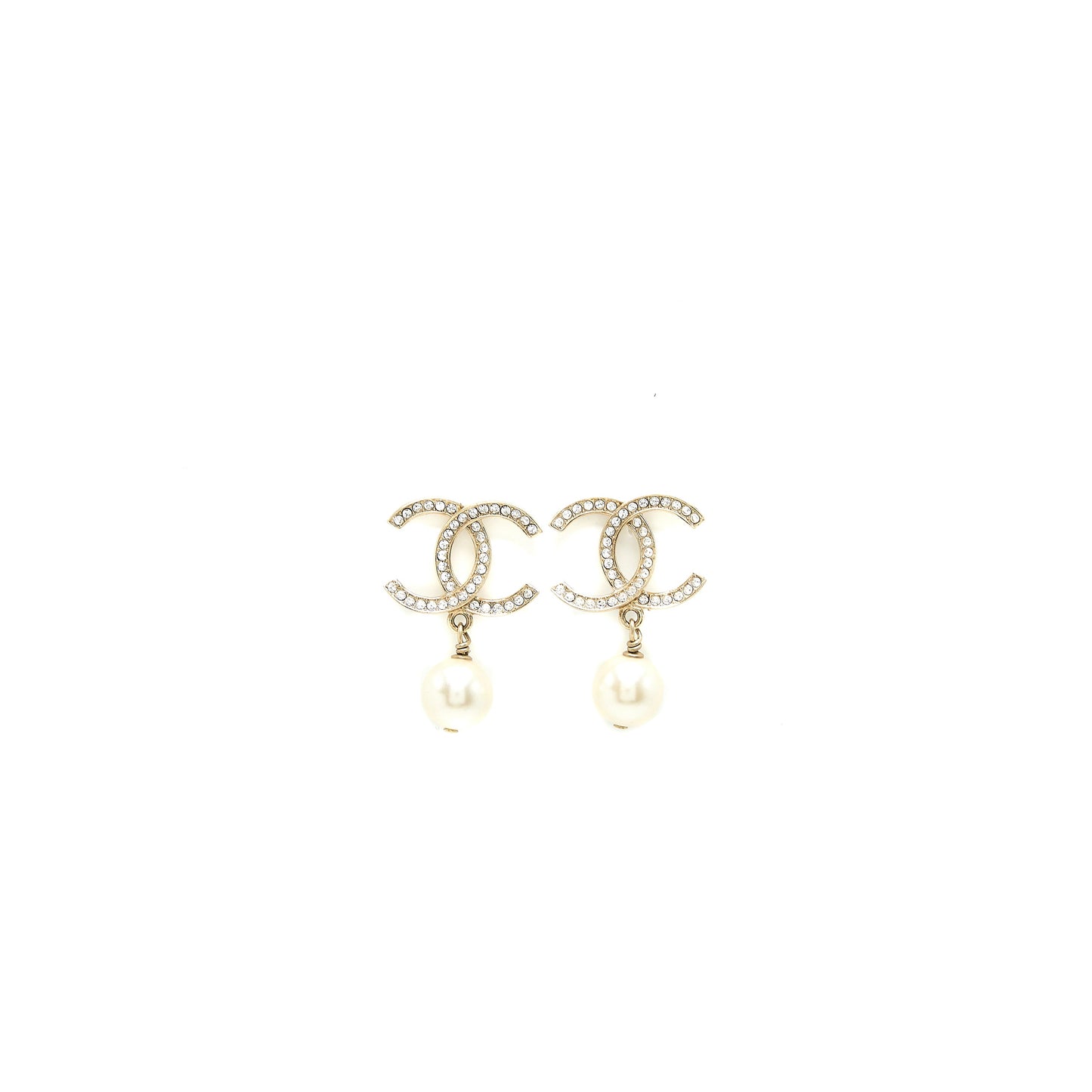 Chanel CC Logo and Pearl Drop Earrings Light Gold Tone