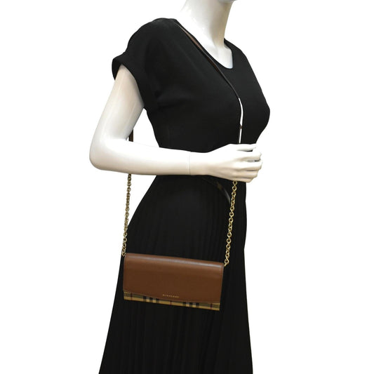 BURBERRY Henley House Check Leather Wallet On Chain Crossbody Bag Brown